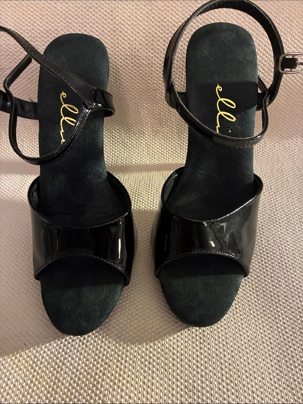 Ellie Black Patent Platform Heel Sandals with Ankle Strap 5.5 inch heel